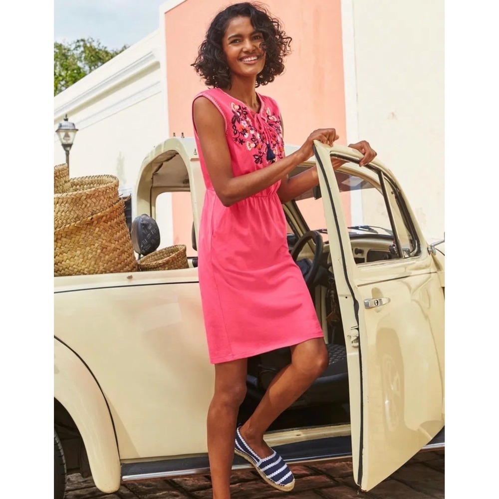 Boden Pink Floral Embroidered Tassel V-Neck Jersey Dress Pockets US 14R